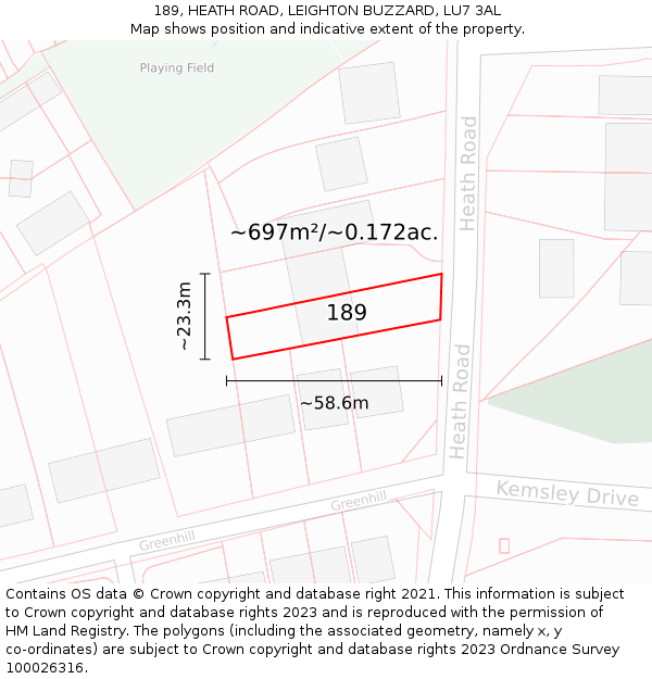 189, HEATH ROAD, LEIGHTON BUZZARD, LU7 3AL: Plot and title map