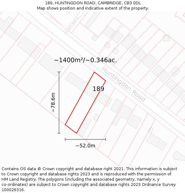 189, HUNTINGDON ROAD, CAMBRIDGE, CB3 0DL: Plot and title map