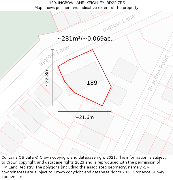 189, INGROW LANE, KEIGHLEY, BD22 7BS: Plot and title map