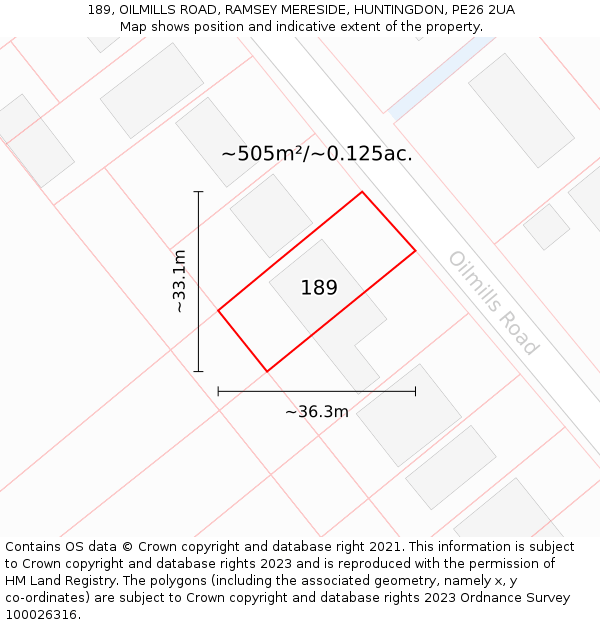 189, OILMILLS ROAD, RAMSEY MERESIDE, HUNTINGDON, PE26 2UA: Plot and title map