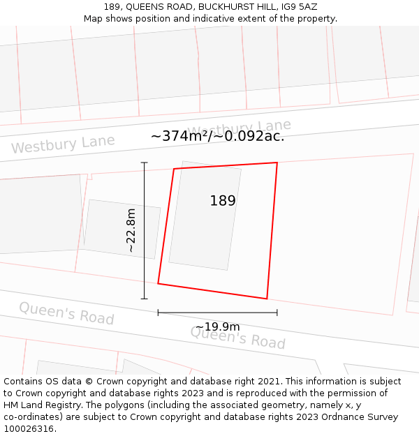 189, QUEENS ROAD, BUCKHURST HILL, IG9 5AZ: Plot and title map