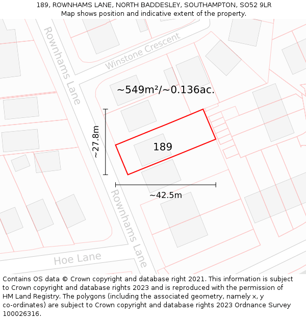 189, ROWNHAMS LANE, NORTH BADDESLEY, SOUTHAMPTON, SO52 9LR: Plot and title map