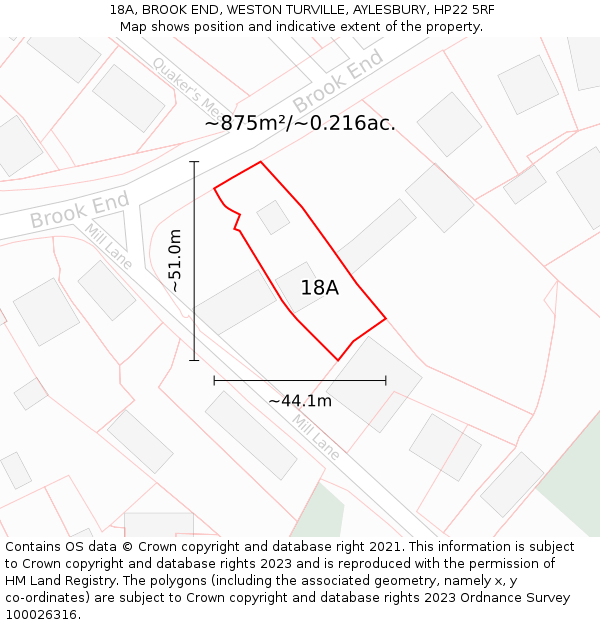 18A, BROOK END, WESTON TURVILLE, AYLESBURY, HP22 5RF: Plot and title map