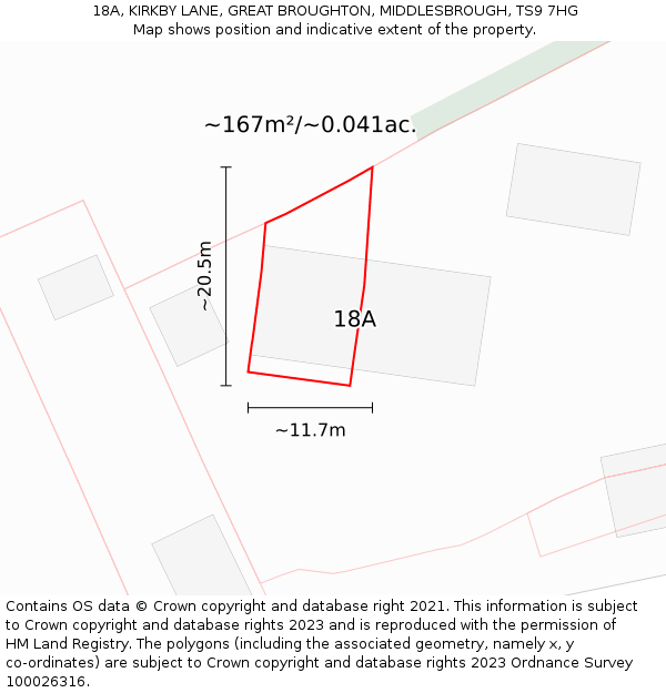 18A, KIRKBY LANE, GREAT BROUGHTON, MIDDLESBROUGH, TS9 7HG: Plot and title map