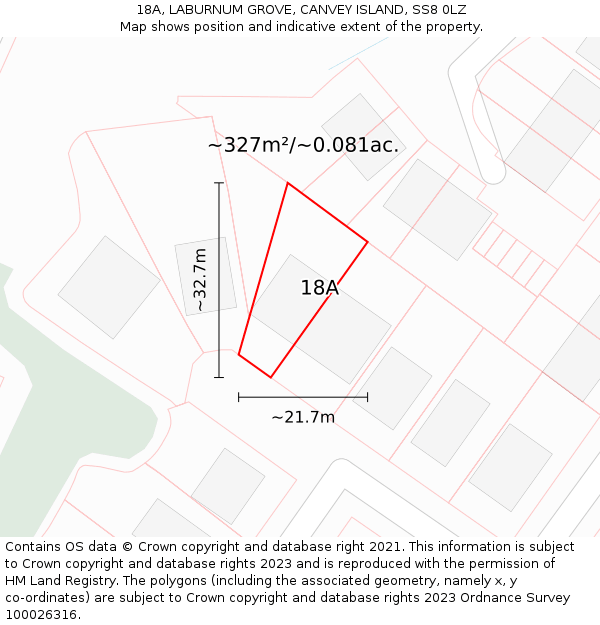 18A, LABURNUM GROVE, CANVEY ISLAND, SS8 0LZ: Plot and title map