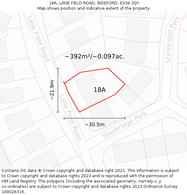 18A, LANE FIELD ROAD, BIDEFORD, EX39 3QY: Plot and title map