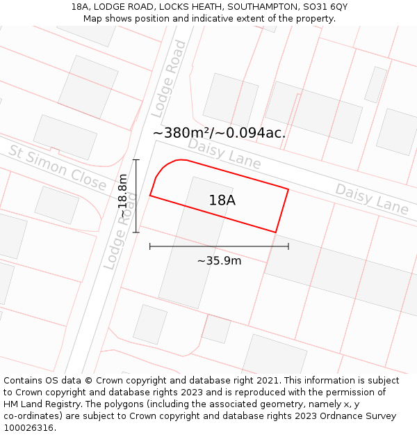 18A, LODGE ROAD, LOCKS HEATH, SOUTHAMPTON, SO31 6QY: Plot and title map