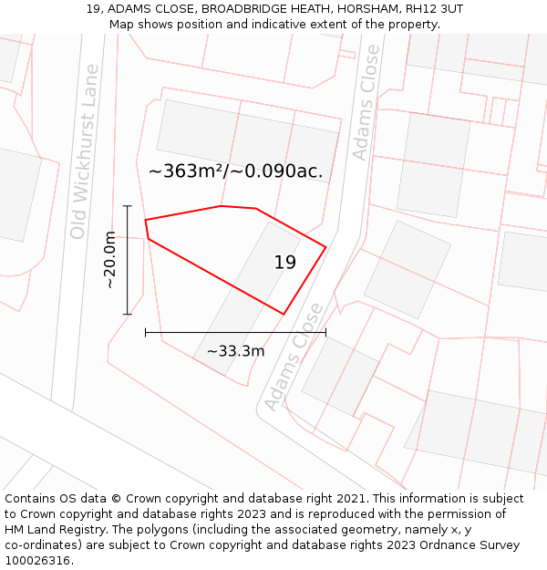 19, ADAMS CLOSE, BROADBRIDGE HEATH, HORSHAM, RH12 3UT: Plot and title map