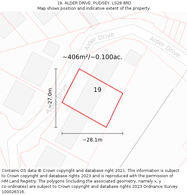 19, ALDER DRIVE, PUDSEY, LS28 8RD: Plot and title map