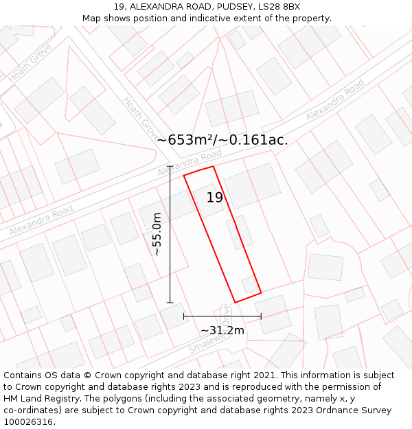 19, ALEXANDRA ROAD, PUDSEY, LS28 8BX: Plot and title map