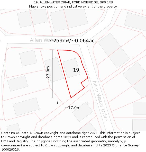 19, ALLENWATER DRIVE, FORDINGBRIDGE, SP6 1RB: Plot and title map