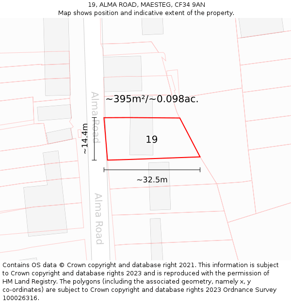 19, ALMA ROAD, MAESTEG, CF34 9AN: Plot and title map