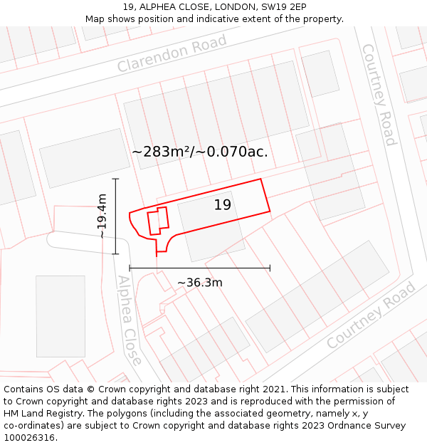 19, ALPHEA CLOSE, LONDON, SW19 2EP: Plot and title map