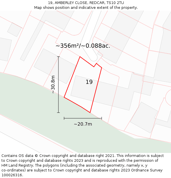 19, AMBERLEY CLOSE, REDCAR, TS10 2TU: Plot and title map