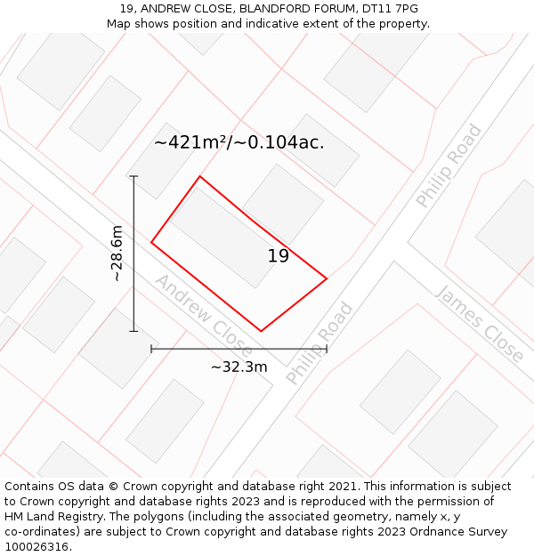 19, ANDREW CLOSE, BLANDFORD FORUM, DT11 7PG: Plot and title map