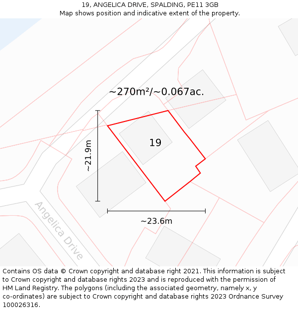 19, ANGELICA DRIVE, SPALDING, PE11 3GB: Plot and title map