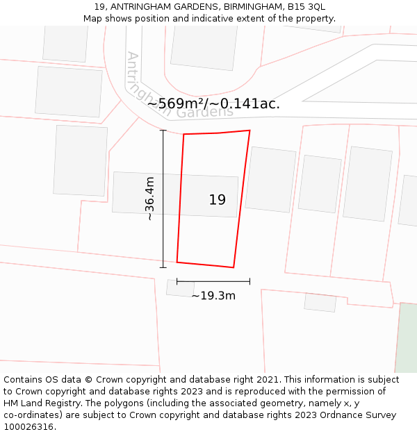 19, ANTRINGHAM GARDENS, BIRMINGHAM, B15 3QL: Plot and title map