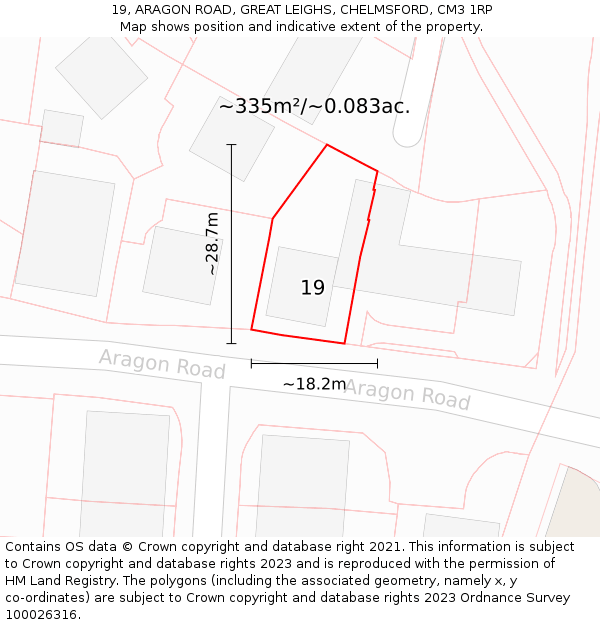 19, ARAGON ROAD, GREAT LEIGHS, CHELMSFORD, CM3 1RP: Plot and title map