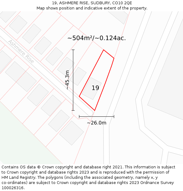 19, ASHMERE RISE, SUDBURY, CO10 2QE: Plot and title map