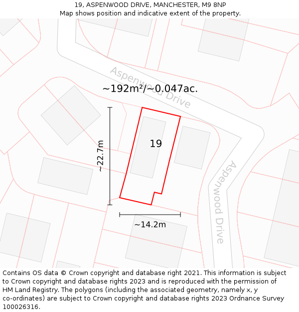 19, ASPENWOOD DRIVE, MANCHESTER, M9 8NP: Plot and title map