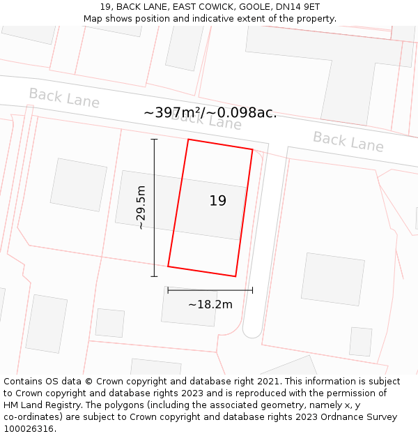 19, BACK LANE, EAST COWICK, GOOLE, DN14 9ET: Plot and title map