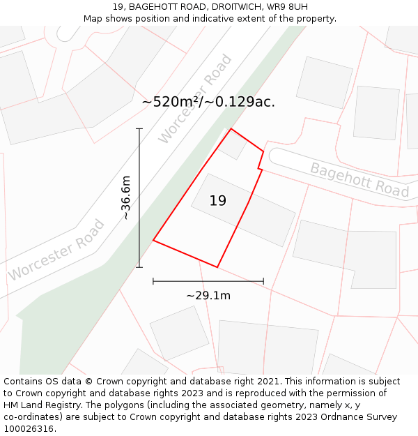 19, BAGEHOTT ROAD, DROITWICH, WR9 8UH: Plot and title map