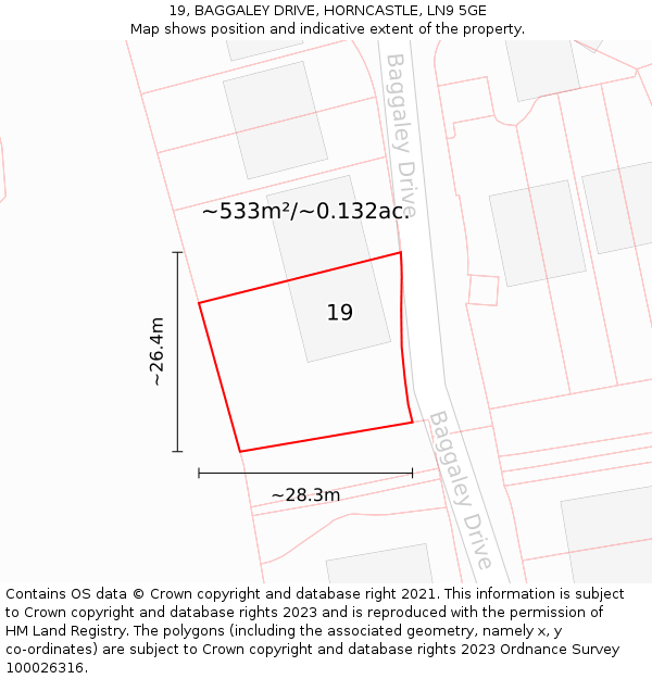 19, BAGGALEY DRIVE, HORNCASTLE, LN9 5GE: Plot and title map