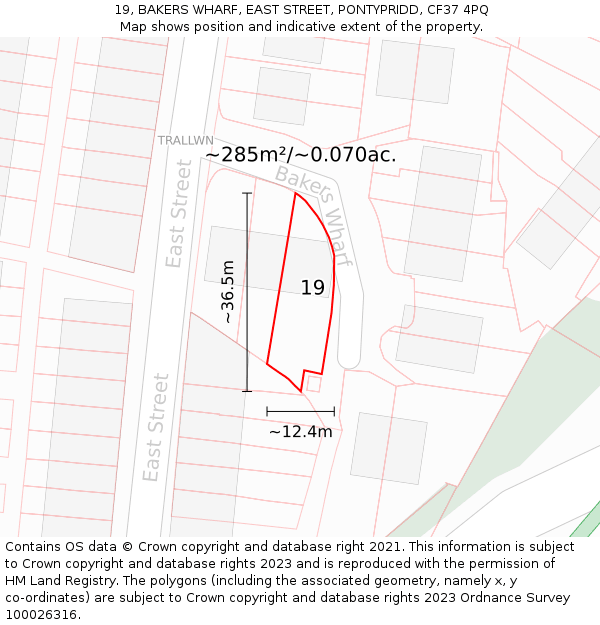 19, BAKERS WHARF, EAST STREET, PONTYPRIDD, CF37 4PQ: Plot and title map