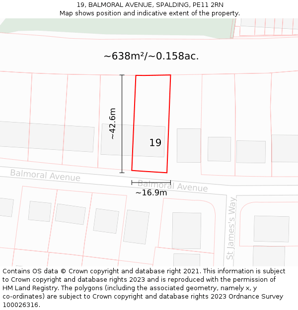 19, BALMORAL AVENUE, SPALDING, PE11 2RN: Plot and title map