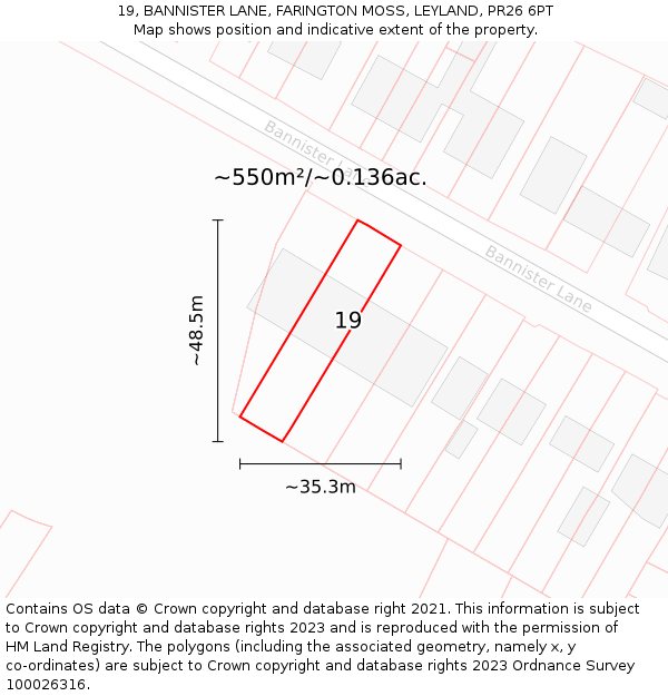 19, BANNISTER LANE, FARINGTON MOSS, LEYLAND, PR26 6PT: Plot and title map