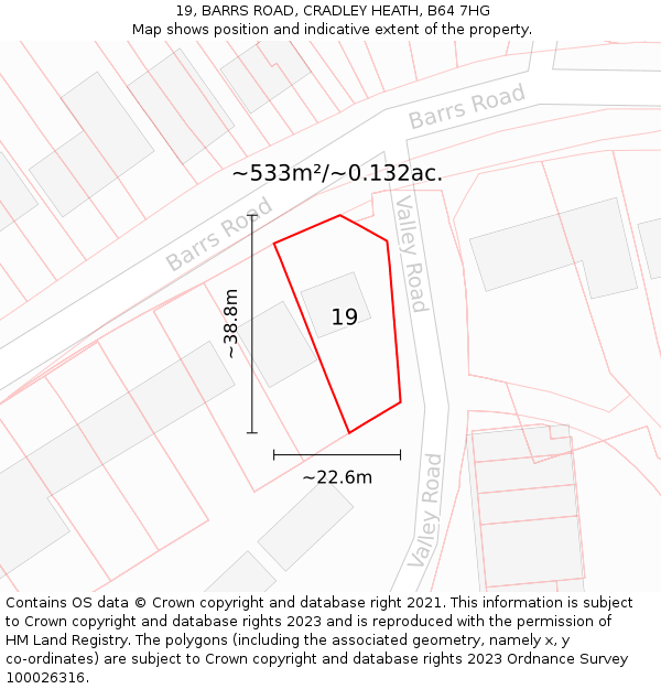 19, BARRS ROAD, CRADLEY HEATH, B64 7HG: Plot and title map