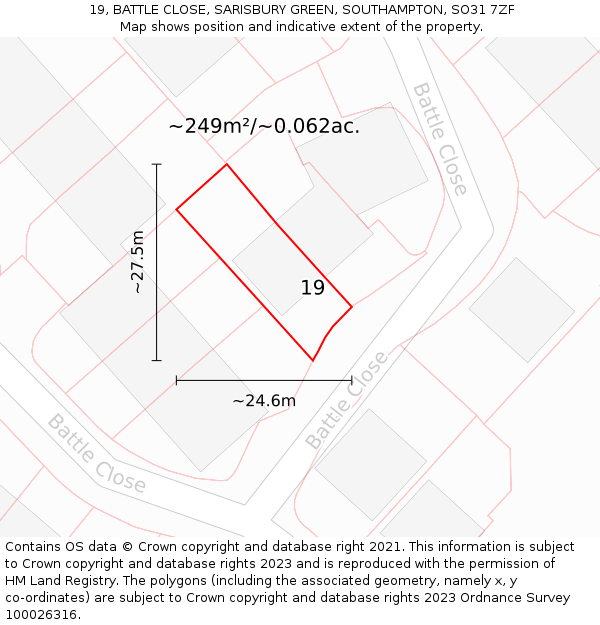 19, BATTLE CLOSE, SARISBURY GREEN, SOUTHAMPTON, SO31 7ZF: Plot and title map