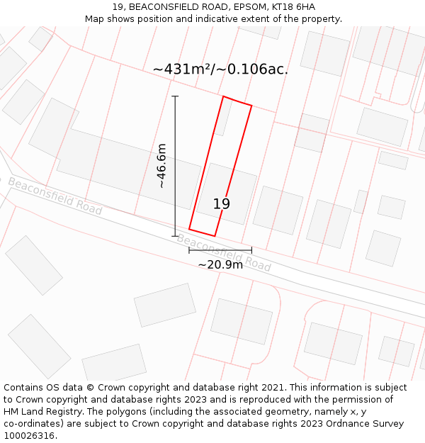 19, BEACONSFIELD ROAD, EPSOM, KT18 6HA: Plot and title map