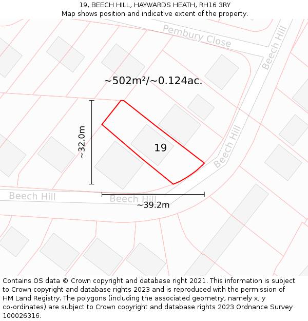 19, BEECH HILL, HAYWARDS HEATH, RH16 3RY: Plot and title map