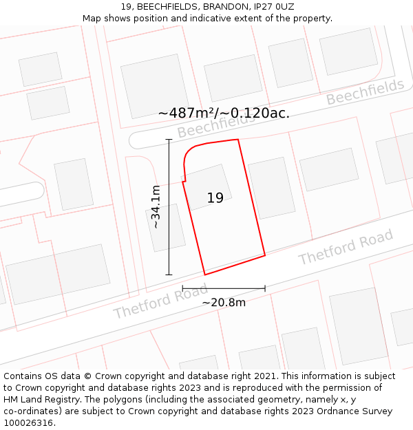 19, BEECHFIELDS, BRANDON, IP27 0UZ: Plot and title map