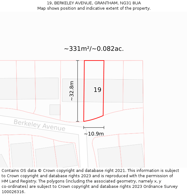 19, BERKELEY AVENUE, GRANTHAM, NG31 8UA: Plot and title map