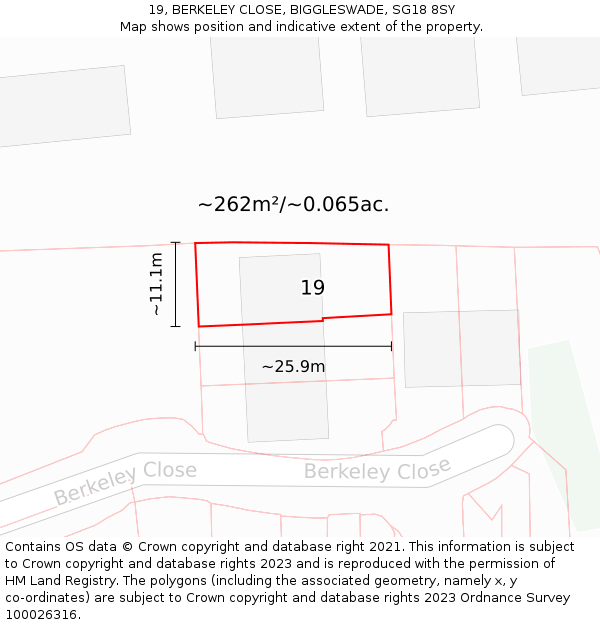 19, BERKELEY CLOSE, BIGGLESWADE, SG18 8SY: Plot and title map