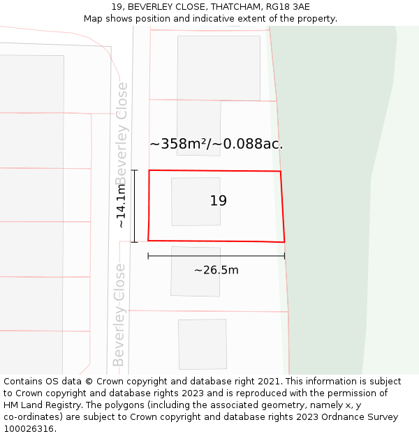 19, BEVERLEY CLOSE, THATCHAM, RG18 3AE: Plot and title map