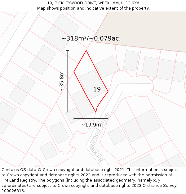 19, BICKLEYWOOD DRIVE, WREXHAM, LL13 9XA: Plot and title map