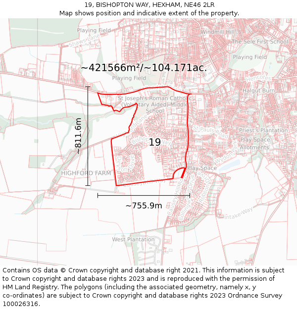19, BISHOPTON WAY, HEXHAM, NE46 2LR: Plot and title map