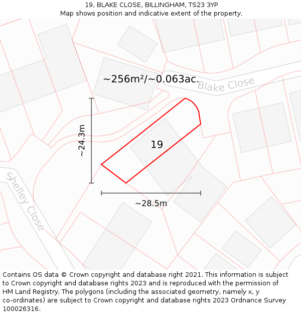 19, BLAKE CLOSE, BILLINGHAM, TS23 3YP: Plot and title map