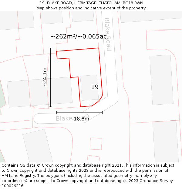 19, BLAKE ROAD, HERMITAGE, THATCHAM, RG18 9WN: Plot and title map