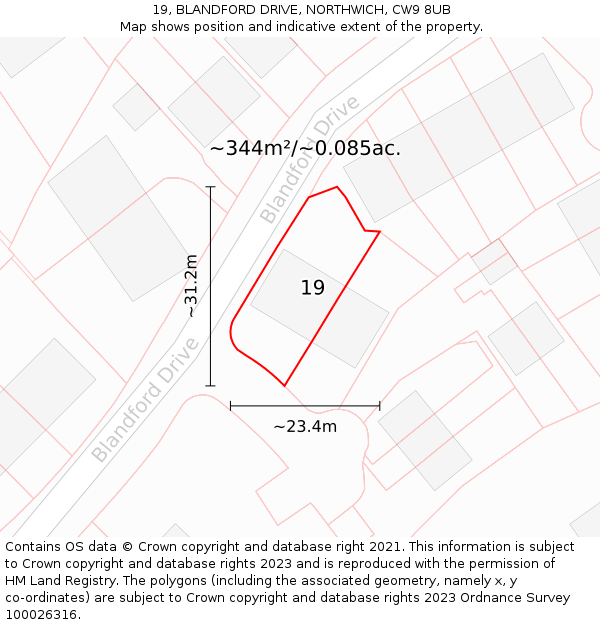 19, BLANDFORD DRIVE, NORTHWICH, CW9 8UB: Plot and title map