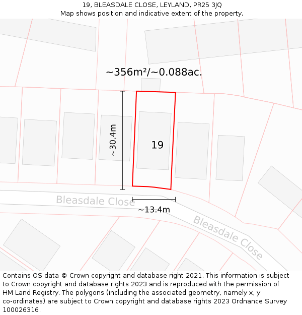 19, BLEASDALE CLOSE, LEYLAND, PR25 3JQ: Plot and title map