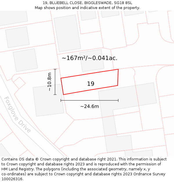 19, BLUEBELL CLOSE, BIGGLESWADE, SG18 8SL: Plot and title map