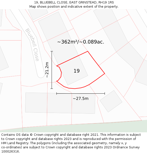 19, BLUEBELL CLOSE, EAST GRINSTEAD, RH19 1RS: Plot and title map