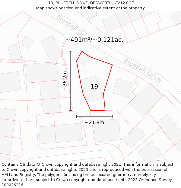 19, BLUEBELL DRIVE, BEDWORTH, CV12 0GE: Plot and title map