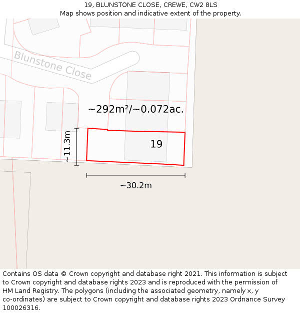 19, BLUNSTONE CLOSE, CREWE, CW2 8LS: Plot and title map