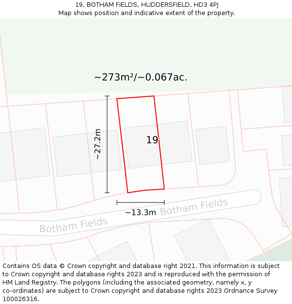 19, BOTHAM FIELDS, HUDDERSFIELD, HD3 4PJ: Plot and title map