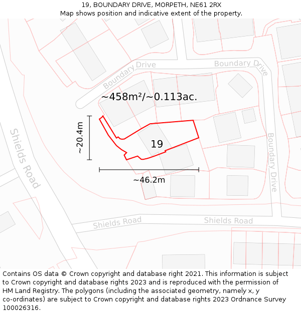 19, BOUNDARY DRIVE, MORPETH, NE61 2RX: Plot and title map